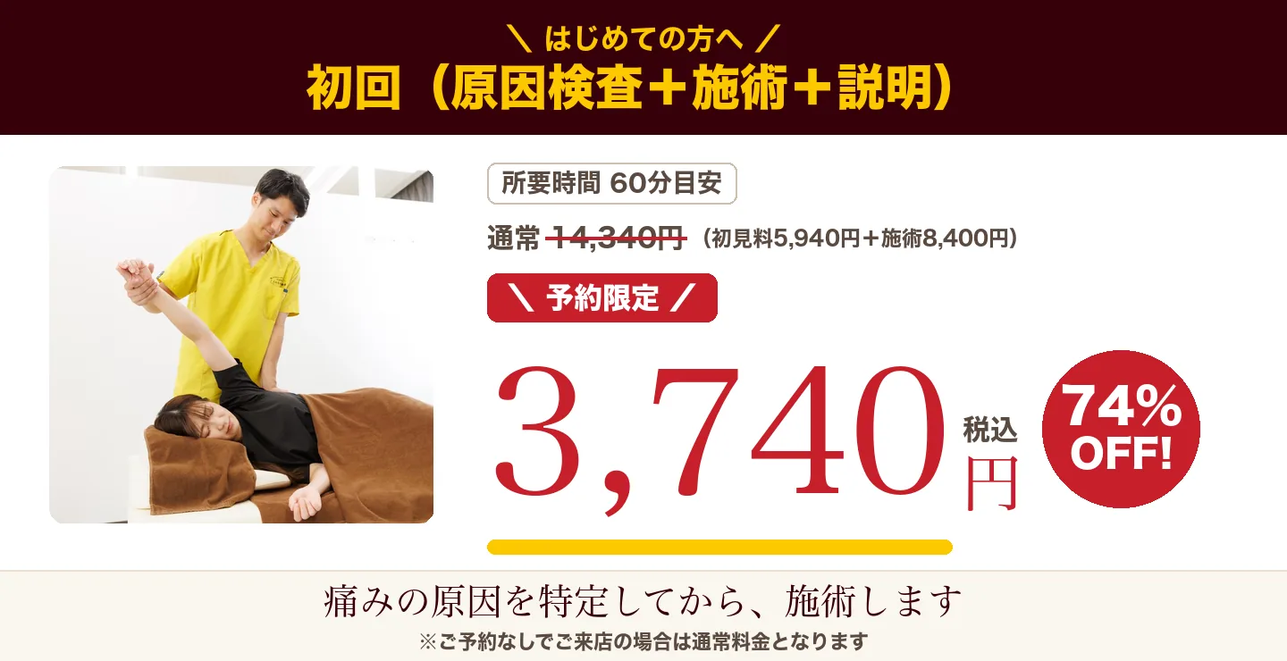 はじめての方へ 初回（原因検査＋施術＋説明） 通常14,340円が予約限定3,740円（税込） 所要時間60分目安 痛みの原因を特定してから、施術します