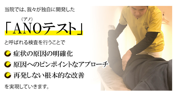 当院では我々が独自に開発した「ANOテスト」と呼ばれる検査を行うことで「症状の明確化」「原因へのピンポイントアプローチ」「再発しない根本的な改善」を実現していきます