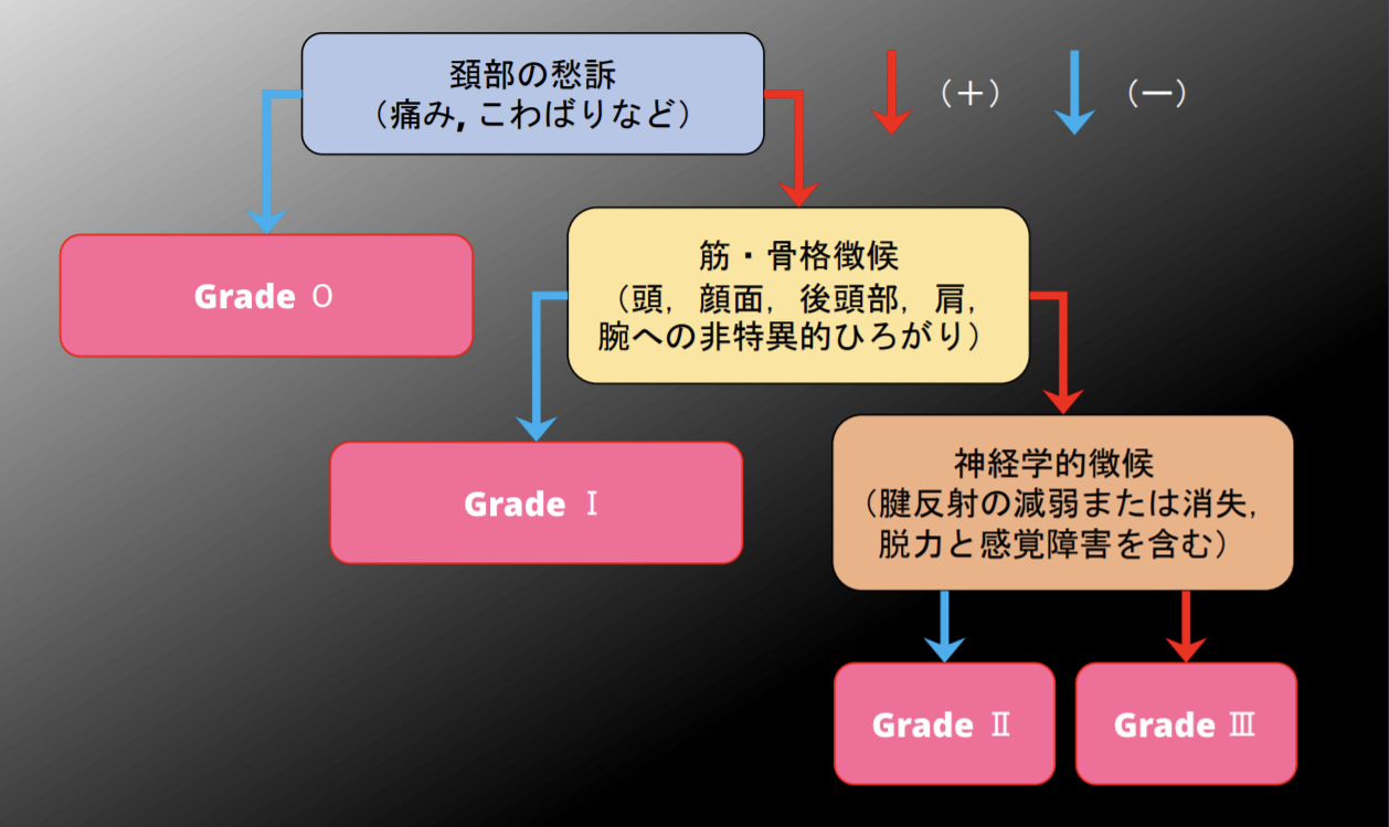 外傷性頚部症候群のケベック分類と推定病理の図