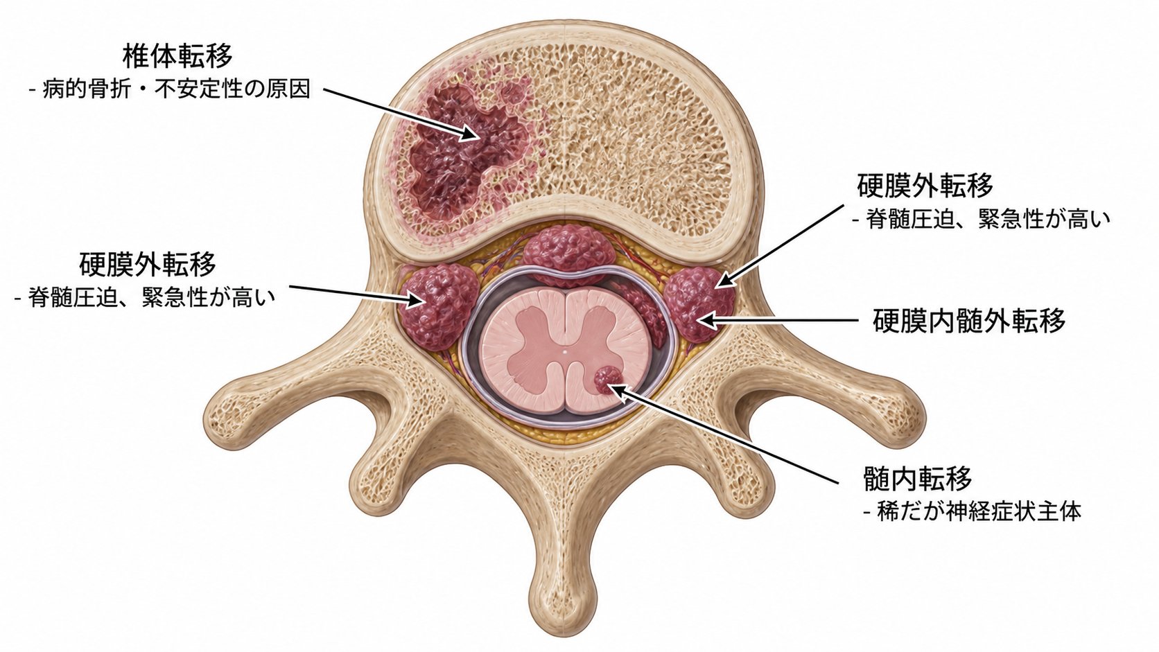 転移性脊椎腫瘍の疫学と症状をまとめた図
