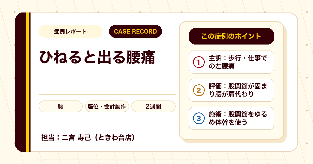 仕事に支障が出ていた腰の痛みが施術を経て楽になった例（個人差あり）