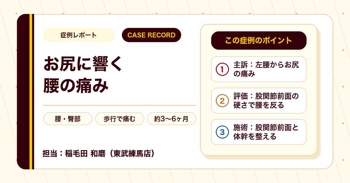 歩くのもつらかった腰痛が施術を経て楽になった例（個人差あり）