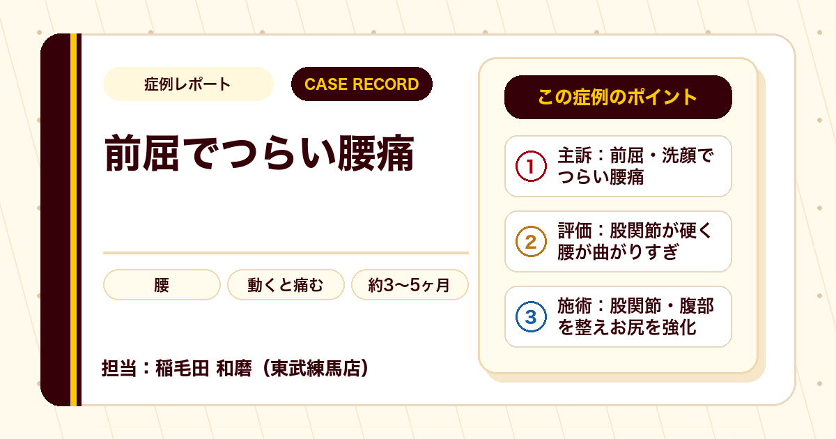 動くのもつらかった腰痛が施術を経て落ち着いた例（個人差あり）