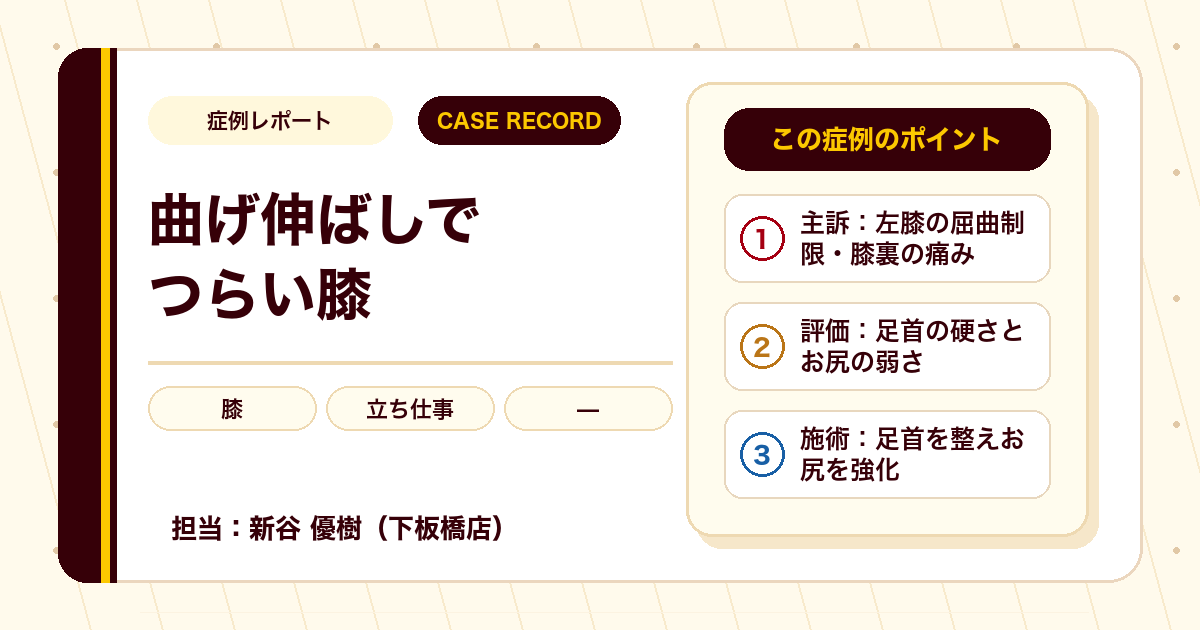 膝の曲げ伸ばしのつらさが施術を経て楽になった例（個人差あり）