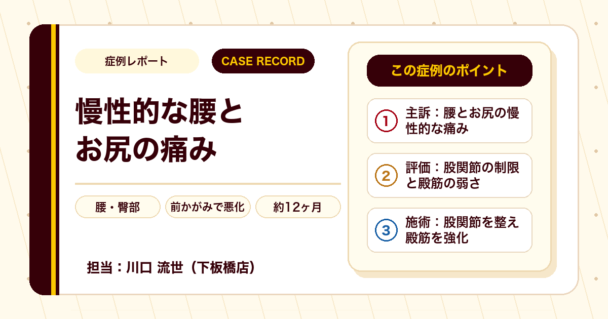ずっと諦めていた腰と臀部の慢性的なズキズキした痛みと張り感が約1年の施術でほぼ気にならないレベルまで落ち着いた症例