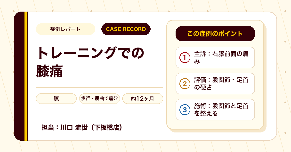 定年退職後のトレーニングで右膝全面がズキズキして歩けなくなった状態から約1年かけて深くしゃがめるまでに戻った症例