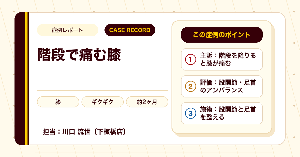 階段でのギクギクした膝の痛みが施術を経てやわらいだ例（個人差あり）