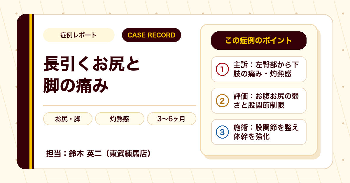長く続いたお尻〜脚の灼熱感・しびれが施術を経てやわらいだ例（個人差あり）