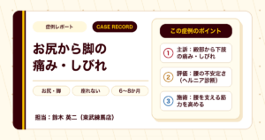 座る・眠るのもつらかった腰痛としびれが施術を経てやわらいだ例（個人差あり）