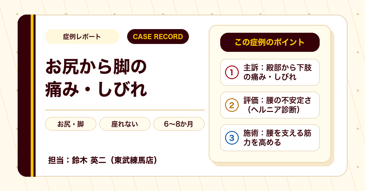 座る・眠るのもつらかった腰痛としびれが施術を経てやわらいだ例（個人差あり）