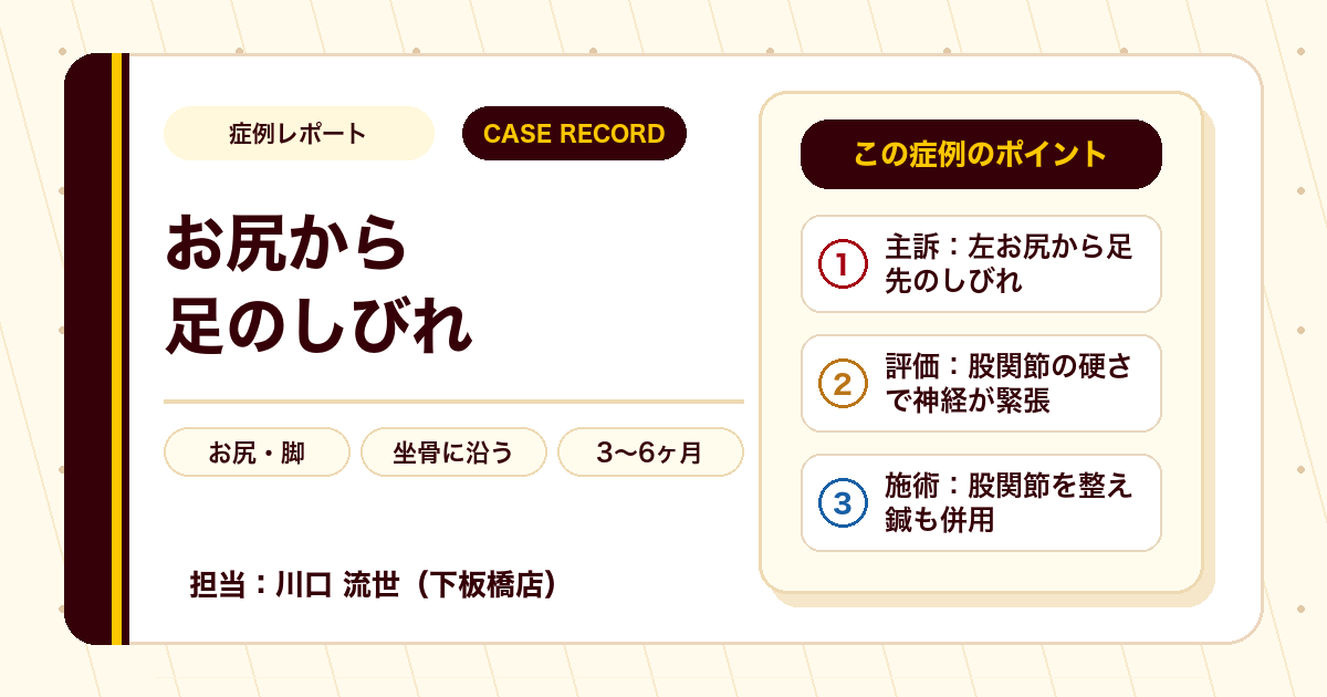 左お尻から足先のしびれが施術を経て楽になった例（個人差あり）