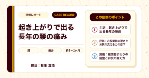 起き上がりで出る長年の腰の痛みが施術を経て楽になった例（50代女性・個人差あり）