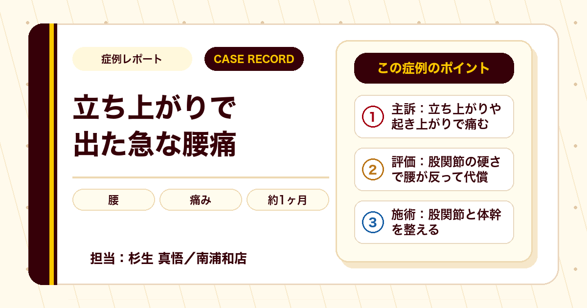 立ち上がりや起き上がりで出た急な腰の痛みが施術を経て楽になった例（50代女性・個人差あり）