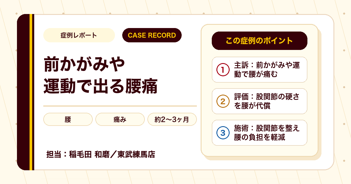 前かがみや運動のときに出る腰の痛みが施術を経て楽になった例（30代男性）