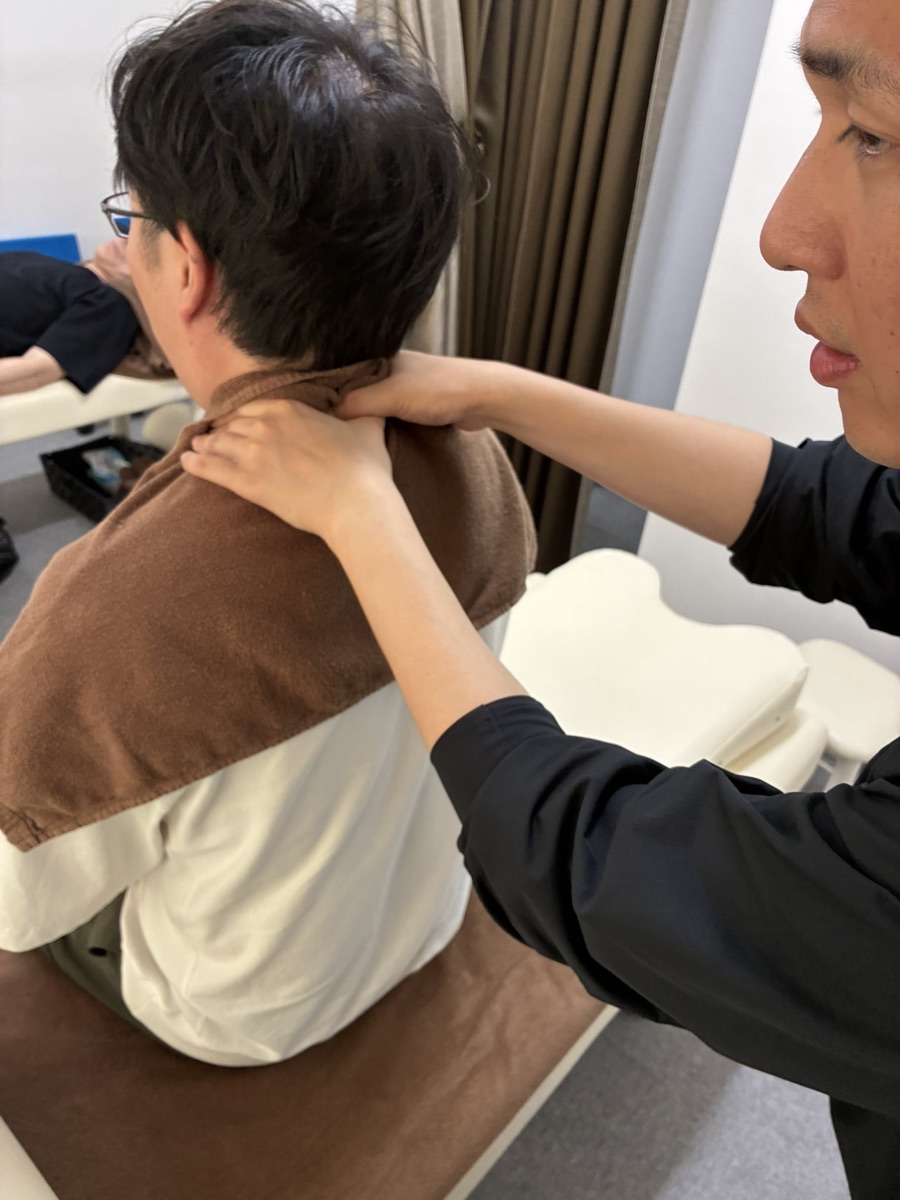 ANOアカデミー実技練習会で、スタッフが座位の相手の頚肩部を触診している手元の様子（2026年7月）