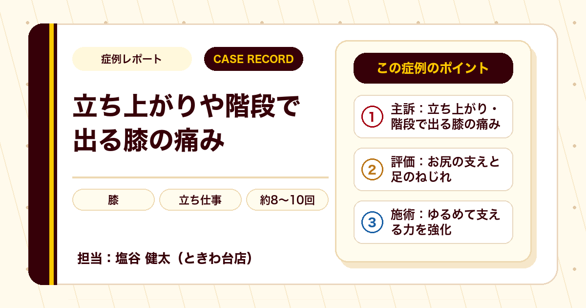 立ち上がりや階段で出ていた膝の痛みが施術を経て和らいできた例（60代女性）