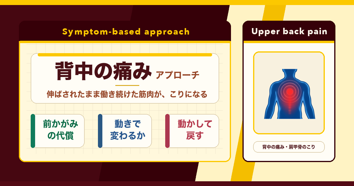 背中の痛み・肩甲骨の間のこりは、姿勢の代償から。とんとんの背中アプローチ