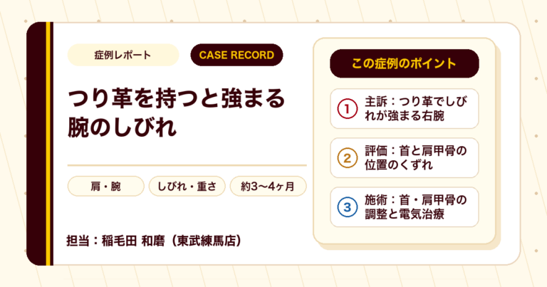 つり革を持つと強まっていた右腕のしびれが施術を経て楽になった例（40代男性）
