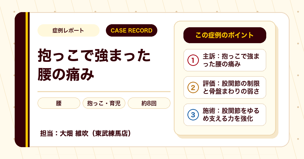 2歳のお子さんの抱っこで強まった腰の痛みが施術を経て楽になった例（40代男性）