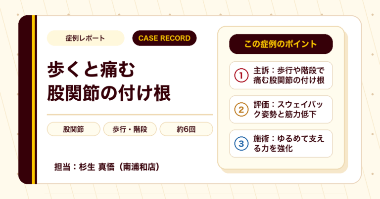 歩くときや階段で痛んだ股関節の付け根が施術を経て楽になった例（女性）