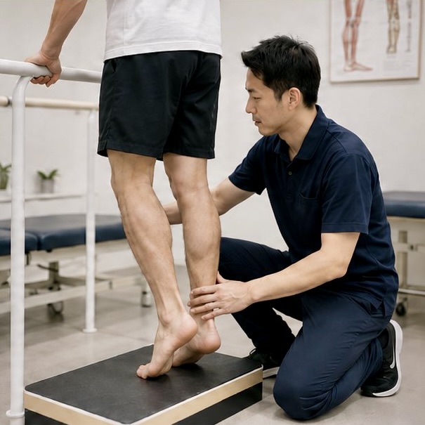 段差の上でカーフレイズを行い、施術者がアキレス腱の状態を確認している様子