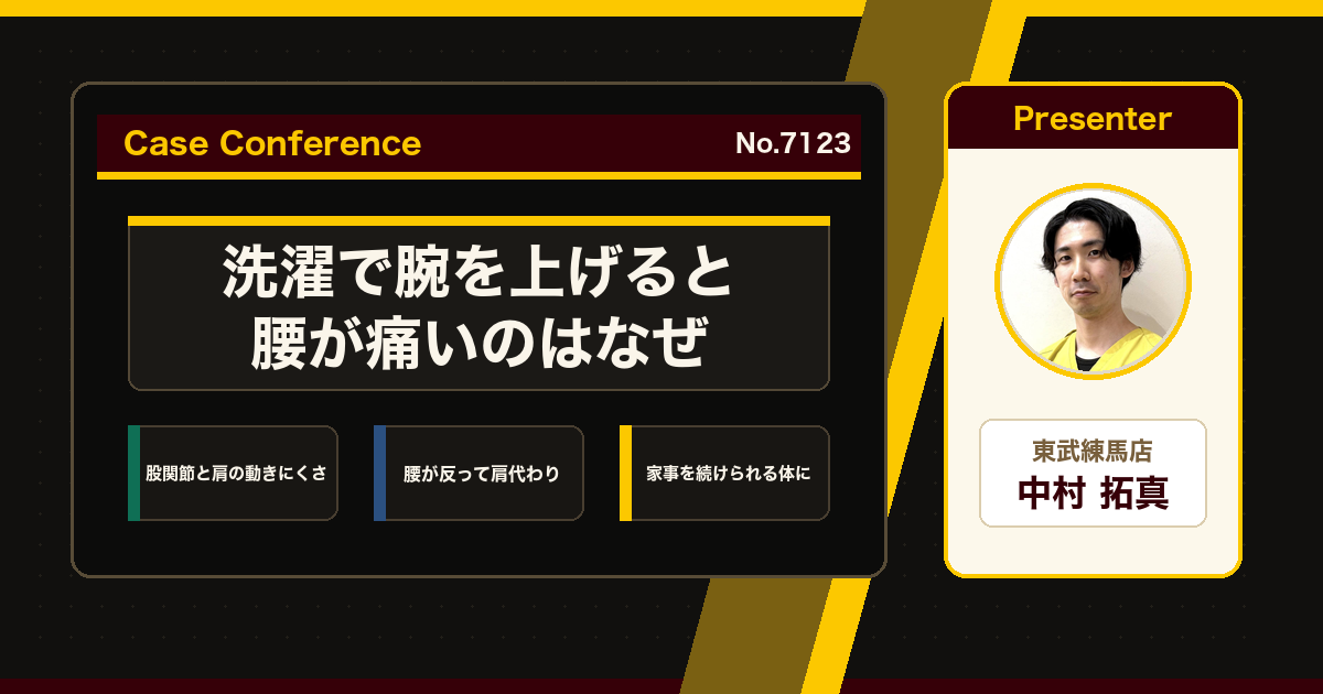 洗濯で腕を上げると腰が痛い、家事のたびに出る腰痛をどう考えるか。症例をスタッフで検討
