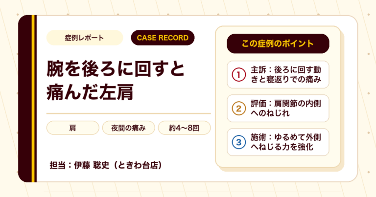 腕を後ろに回すと痛んだ左肩が施術を経て楽になった例（50代男性）