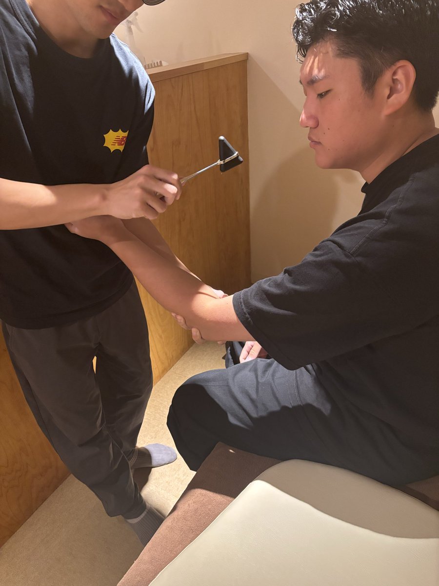とんとん整骨院の練習会で、座ったスタッフの肘の内側に打腱器を当てて腱反射を確かめるスタッフ