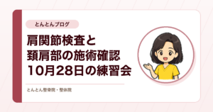 肩関節検査の精度を上げ、頚肩部の施術確認で次の課題へ。受かったチェックを復習した10月28日の練習会を行いました